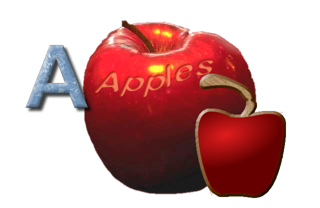 The 'apple' wording was engraved in; the smaller apple was enhanced by adding the stem and border; and the letter 'A' was colored and lightened. All separate graphics were then combined together.